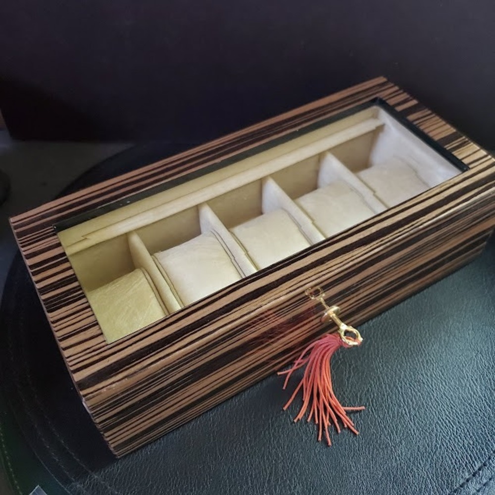 Zebrawood 5 Slot Watch Display Case Glass Top with Tassel Key Lock Organizer